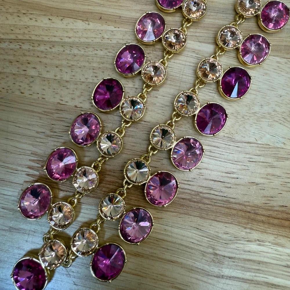 Talbots Gold and Pink Double Crystal Row Statement Necklace - Picture 10 of 10